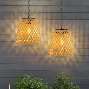 2-Pack Bamboo Woven Outdoor Chandelier Small Hanging Rattan Solar Pendant Lights - Picture 1 of 7