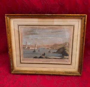 Alte Farbradierung: Marseille und sein Hafen mit Goldrahmen. - Bild 1 von 6