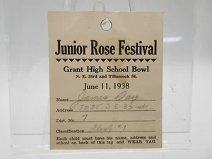 1938 Portland JUNIOR Rose Festival GRANT HIGH SCHOOL BOWL Kids Name Tag FLOAT #1 - Picture 1 of 2