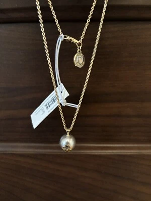 Auténtico Collar de Cadena Tory Burch Marfil Oro Logo Perla Gris 60271 Nuevo con Etiquetas Foto 1 de 3