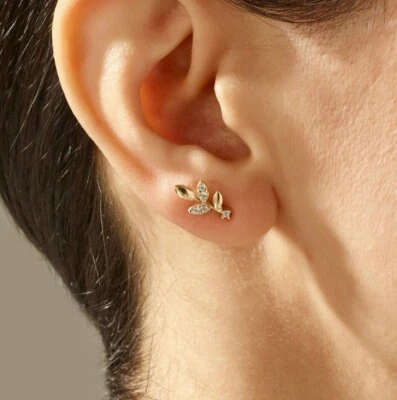Leaf Earrings 14K Solid Gold Minimalist Stud earrings Dainty Flower Studs - Image 1 of 4