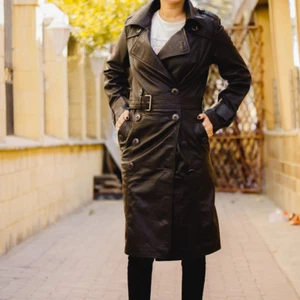 Double-Breasted Trench Coat for Women Geniune Lambskin Black Leather Long Coat - Picture 1 of 8