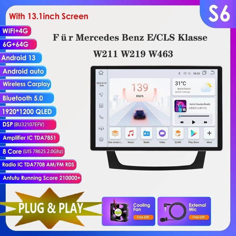 13.1" Android Carplay Car Stereo For Mercedes Benz E-W211 E500 E350 CLS-W219 GPS - Image 1 of 4