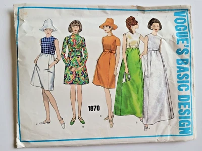 复古 60 年代 Vogue 基本设计图案 1870 Misses 连衣裙 12 码 B34 切割 — 第 1/2 张图片