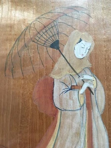 Japanisches Gemälde auf Holzrinde Ukiyo-e Stil Mädchen mit Regenschirm Antik Kunst - Bild 1 von 10