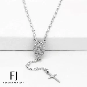 Stainless Steel 18" Beaded Rosary VIRGIN MARY + CROSS Necklace,Unisex BOX - Picture 1 of 2