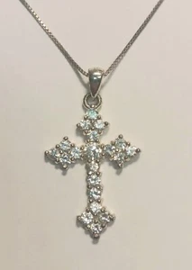 Vintage Sterling Silver & Czs Cross Pendant Necklace 17 1/2" Long - Picture 1 of 5