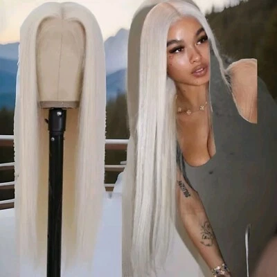 Peluca frontal de encaje sintético rubio platino pre arrancada 13x4 HD 26 pulgadas  Foto 1 de 4