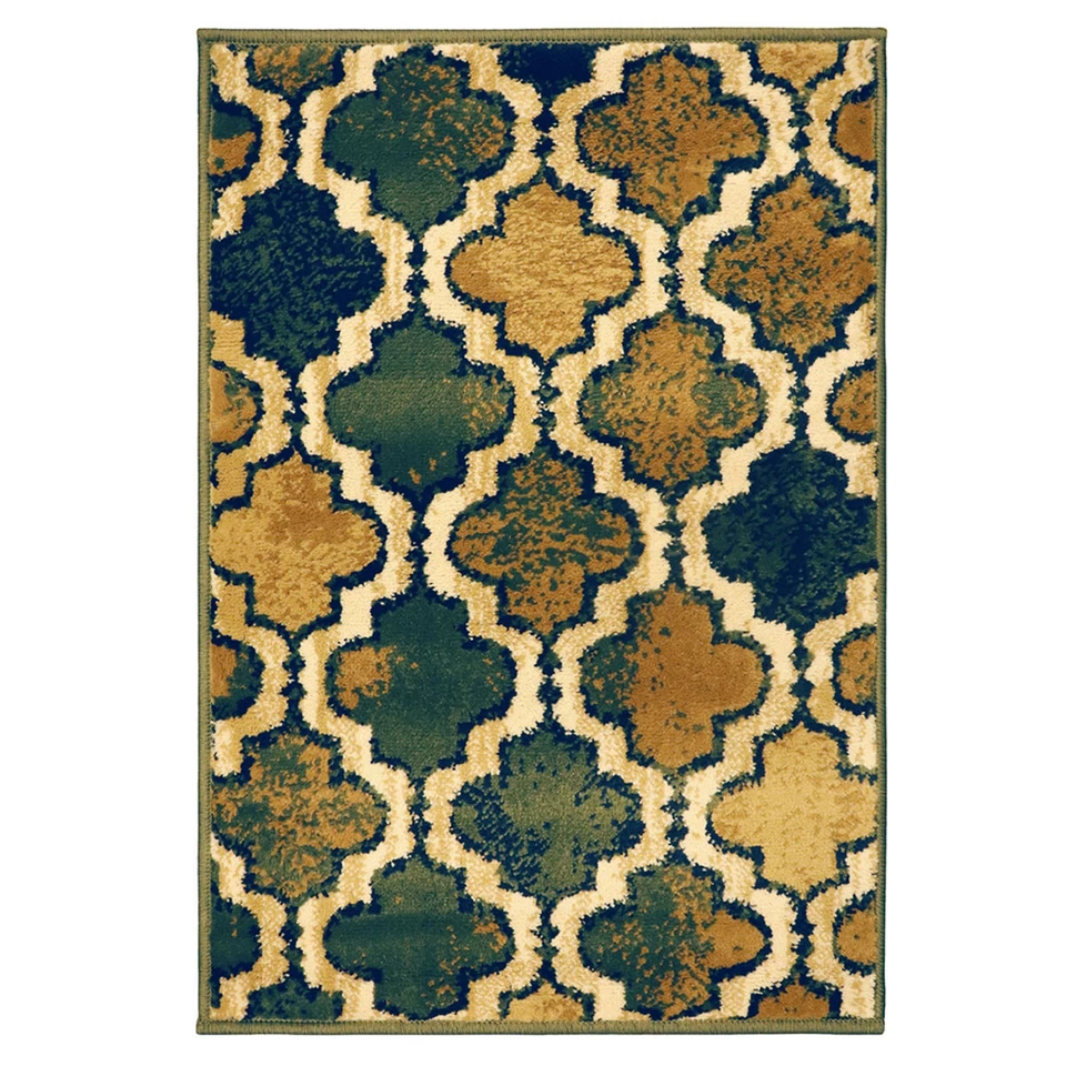 2' X 3' Green Brown And Ivory Quatrefoil Distressed Area Rug - Image 1 of 4