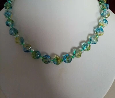 Schmuck Perlen Halskette "Farbenspiel", gedrehte Glas Perlen in grün blau 48 cm - Bild 1 von 4