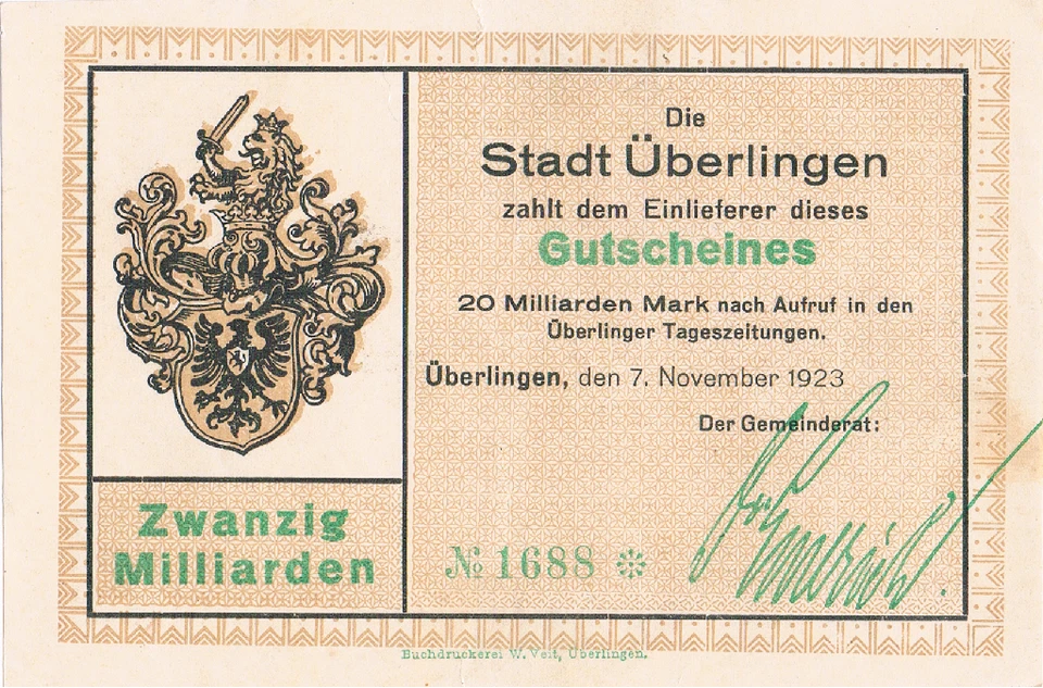 20 Milliarden Mark Gutschein Überlingen 07. November 1923 - Bild 1 von 1