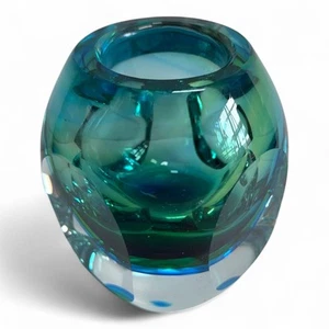 Vaso portacandele Flavio Poli Sommerso verde blu sfaccettato vetro artistico Murano - Foto 1 di 14