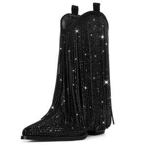 Black Cowboy Boots for Women - Cowgirl Rhinestone Boots with Sparkly Fringe P... - Picture 1 of 9