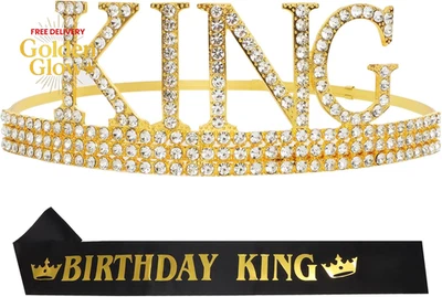 Juego de 2 piezas de corona y faja de cumpleaños King corona y cinta de oro para hombre cumpleaños par Foto 1 de 4