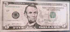 $5 Bill 2017"Very Low Serial 3digit (Note⭐)Excellent Condition (00000331*) - Picture 1 of 4