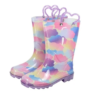 A2Z 4 Kids Girls Wellington Boots Rainbow Cloud Children PVC Wellies Muddy Shoes - Picture 1 of 8