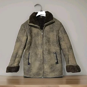 Men's Sheepskin Leather M-L Brown Green Bomber Winter Aviator Flying Coat Jacket - Picture 1 of 9