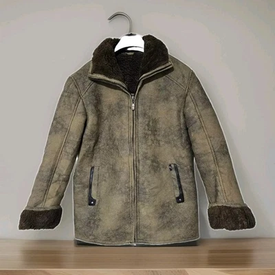 Men's Sheepskin Leather M-L Brown Green Bomber Winter Aviator Flying Coat Jacket - Image 1 of 4