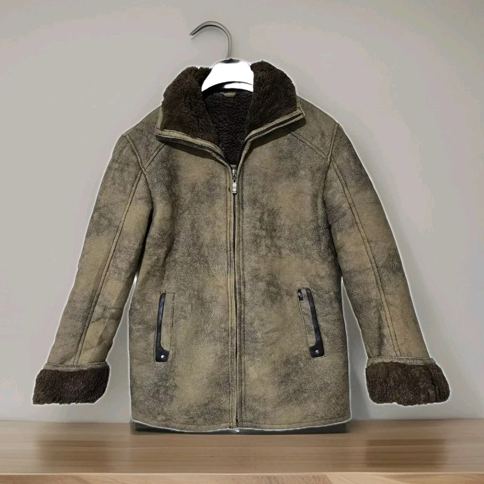 Men's Sheepskin Leather M-L Brown Green Bomber Winter Aviator Flying Coat Jacket - Image 1 of 4