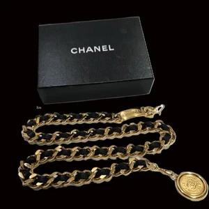 CHANEL CC Logo Chain Belt Gold Vintage Coco Black Leather Coin Medal kenkenjp Gp - Picture 1 of 9