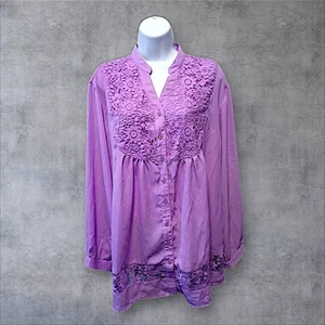 Tao Sz XXXL Button Front L/S Blouse Crochet Lace Accents, Lavender. NS-7 - Picture 1 of 9