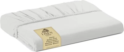  Washed Cotton Percale Fitted Sheet Queen Size, White, 1 Deep Pocket  - Image 1 of 4