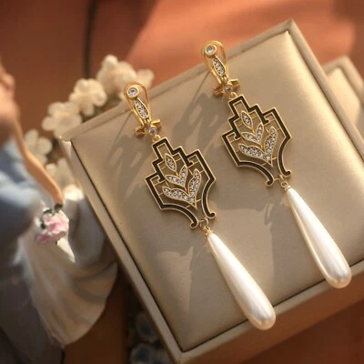 Ohrringe Art Déco Schläfer Golden Matt Schwarz Fassung Cz Tropf Perle QD33 - Bild 1 von 4