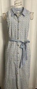 Anthropologie Blue Striped Eyelet Button Front Cotton Full Length Dress Sz 10 - Picture 1 of 17