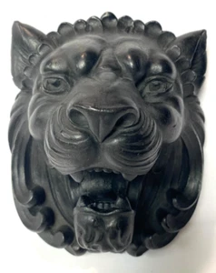 Medievel Style Plaster Lion Face Black Enamel Finish Wall Decor w/ Metal Hanger - Picture 1 of 7