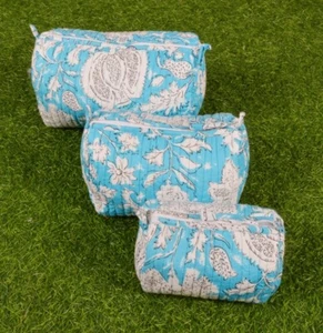 Kulturbeutel Handblockdruck Baumwolle gesteppt 3 Stück kleine verstellbare Dinge - Bild 1 von 7