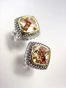 EXQUISITE Balinese Silver Wheat Cable Brown Topaz CZ Crystal Square Earrings - Picture 1 of 3