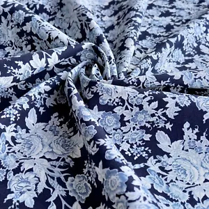 Navy Blue Tonal Floral 100% Cotton Poplin Printed Fabric - Blue & White Flowers - Picture 1 of 7