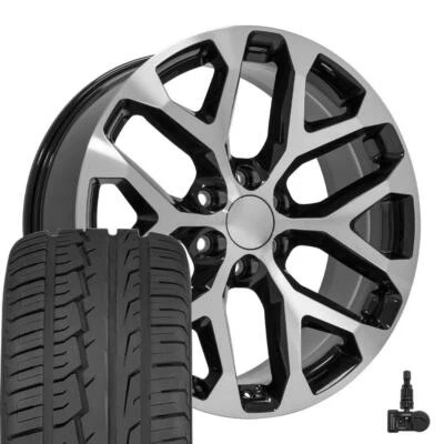 22" Machined Black Snowflake Wheels 285/45R22 Tire TPMS Set Fits Sierra Yukon - Image 1 of 4
