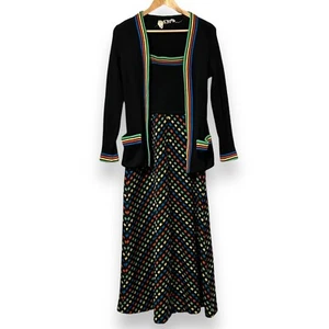 Jonathan Logan Black Rainbow Maxi Dress Womens Medium 2 Set Cardigan Sweater 70s - Picture 1 of 14