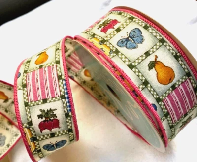Garden 1.5" by 2 yd Wired Ribbon Fruit Vegetables Butterfly Summer Country Farm - Image 1 of 4