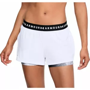 XL NWT $45 Women's Under Armour HeatGear 2-in-1 Print Short White/MetallicSilver - Picture 1 of 7