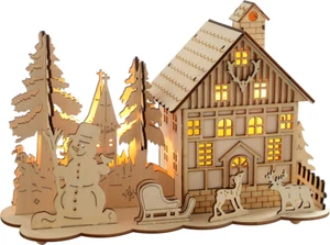 WeRChrristmas Pre-Lit Holzhaus Schnee Rentier Szene mit Baumfenster, warm... - Bild 1 von 5