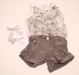 Build-a-Bear Outfit White Sleeveless Top Sequins Gray Suede Style Shorts Bows - Picture 1 of 7