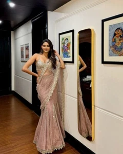 Designer Pre Drapped Saree Blouse Bollywood Party Wear Saree Ready To Wear Sari - Picture 1 of 7