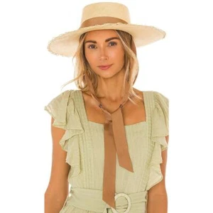 Revolve Sensi Studio Straw Frayed Long Brim Boater Hat Beige Sable Size Medium  - Picture 1 of 11
