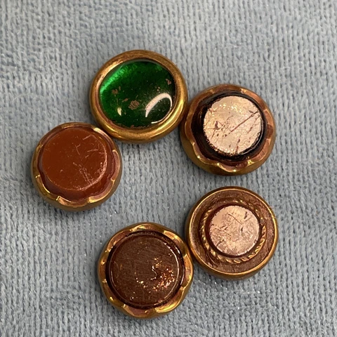Antique Vintage Waistcoat Buttons 5 Lot Glass Metal Brass Gilt Shanks Removed 4 Cover