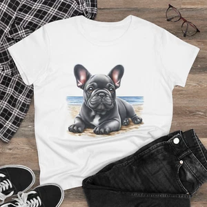 Digipups French Bulldog Gray Puppy Dog Ocean Beach Portrait Art Ladies T Shirt - Picture 1 of 3