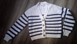 GAP kleine Strickjacke Strick kastig Knopfleiste Pullover Baumwolle weiß blau gestreift - Bild 1 von 5
