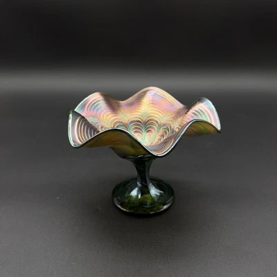Vintage Fenton Green Carnival Glass Peacock Tail Pedestal Compote Candy Dish - Image 1 of 4