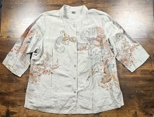 Citron Santa Monica Zen Garden Print Button Front Linen Silk Blouse XL 1X - Picture 1 of 5