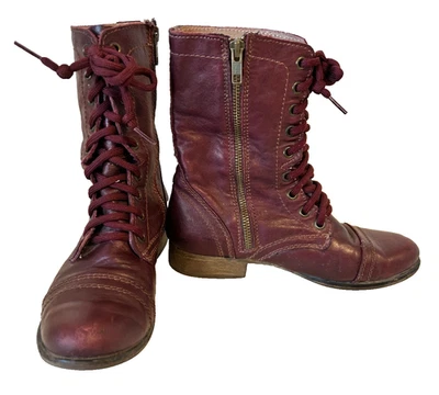 Steve Madden Mujer Bota Troopa Talla 6.5 Combate Vino Cuero Boho Motociclista Con Cordones Foto 1 de 4