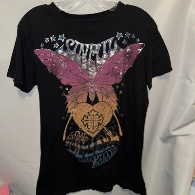Sinful by Affliction Shirt Womens XL Femme Fatale butterfly Black USA Foto 1 de 4