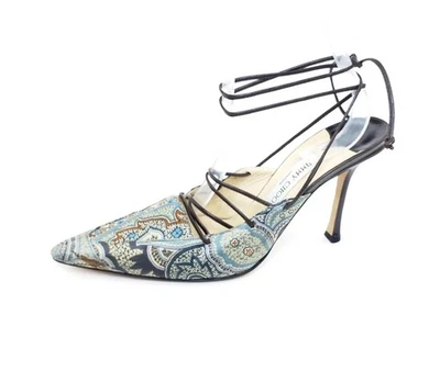 Jimmy Choo Jade Paisley 系带高跟鞋棕色蓝色皮革鞋底 40 欧元 US 10 — 第 1/4 张图片