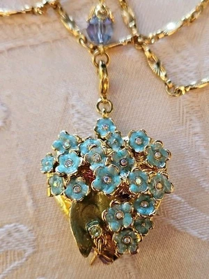 KIRKS FOLLY Forget Me Not Heart Locket Pendant Necklace Goldtone w Dragonfly - Image 1 of 4