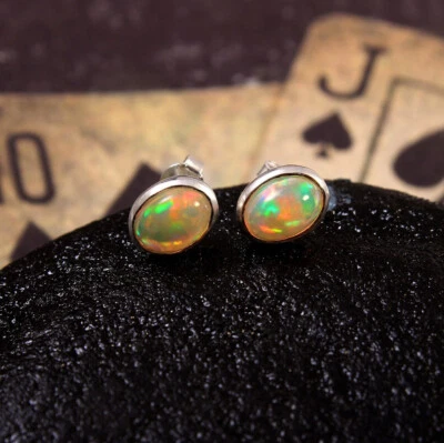 Elegant Original Fire Opal Oval Gemstone 925 Sterling Silver Women Stud Earrings - Image 1 of 3